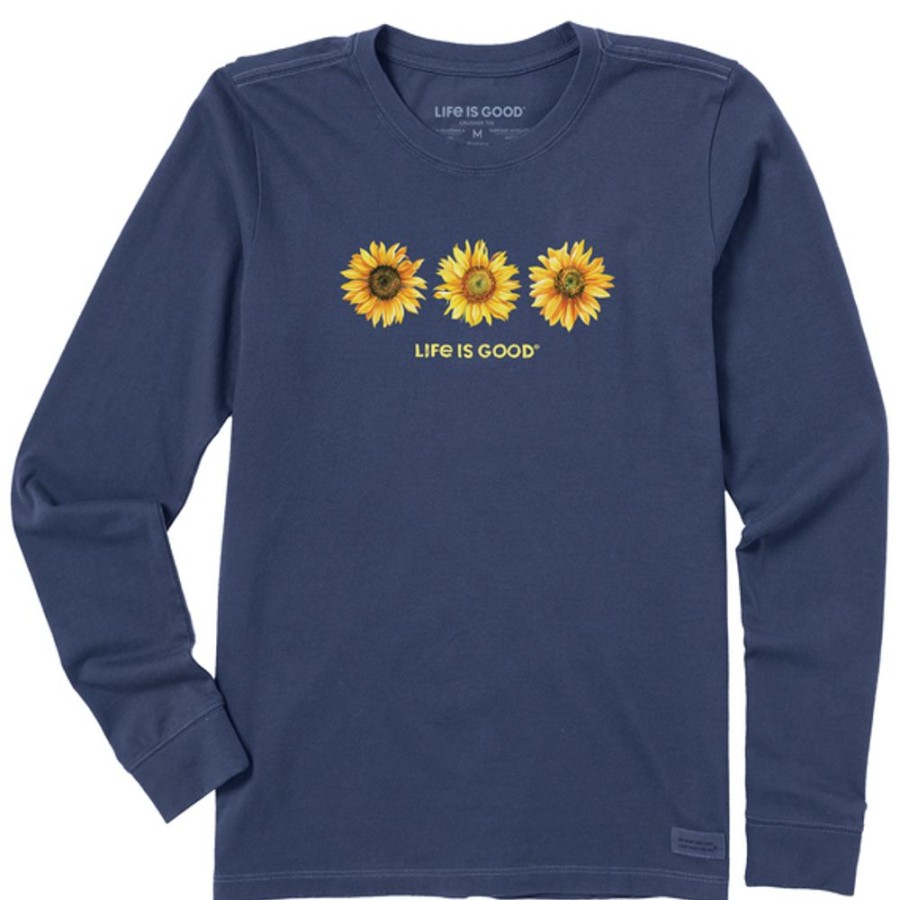 Women Life is Good Graphic Tees | Women'S 3 Sunflowers Long Sleeve Crusher Tee Darkest Blue