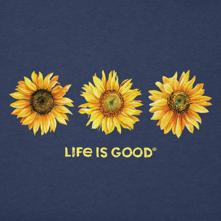 Women Life is Good Graphic Tees | Women'S 3 Sunflowers Long Sleeve Crusher Tee Darkest Blue