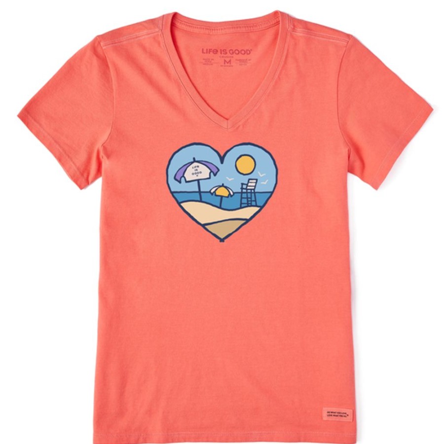 Women Life is Good Graphic Tees | Women'S Beach Scene Heart Short Sleeve Vee Mango Orange