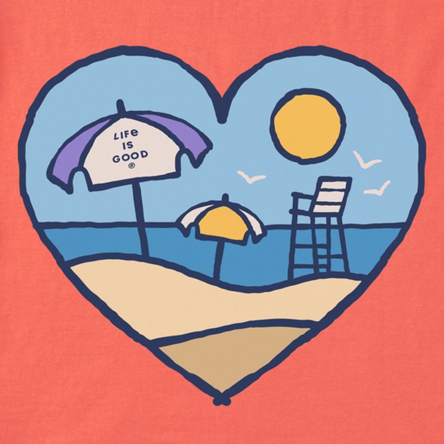 Women Life is Good Graphic Tees | Women'S Beach Scene Heart Short Sleeve Vee Mango Orange