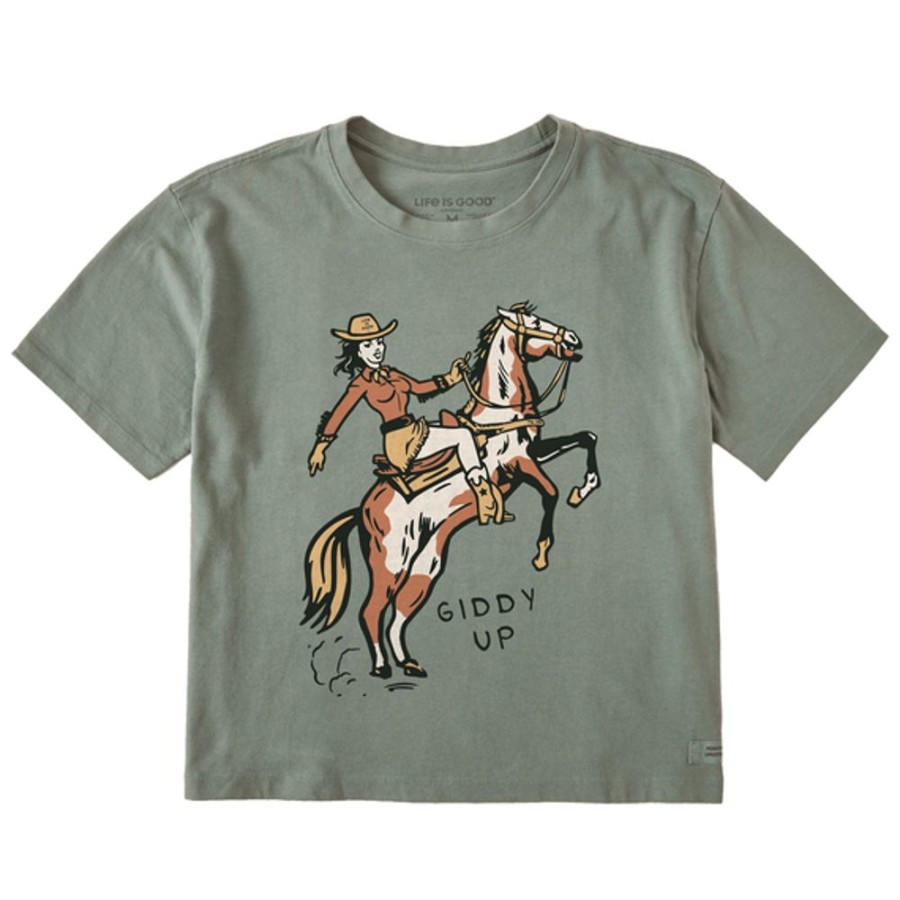 Women Life is Good Boxy Tees | Women'S Giddy Up Boxy Crusher Tee Moss Green