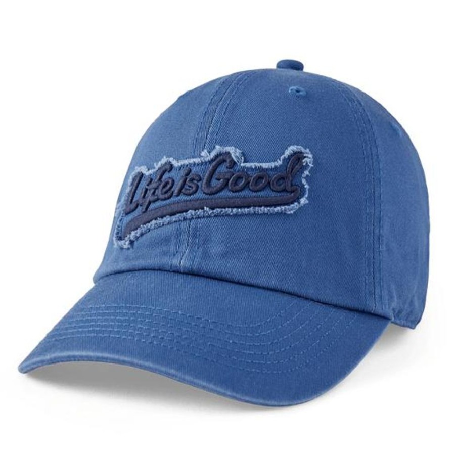 Women Life is Good Hats | Ballyard Script Angled Tattered Chill Cap Vintage Blue