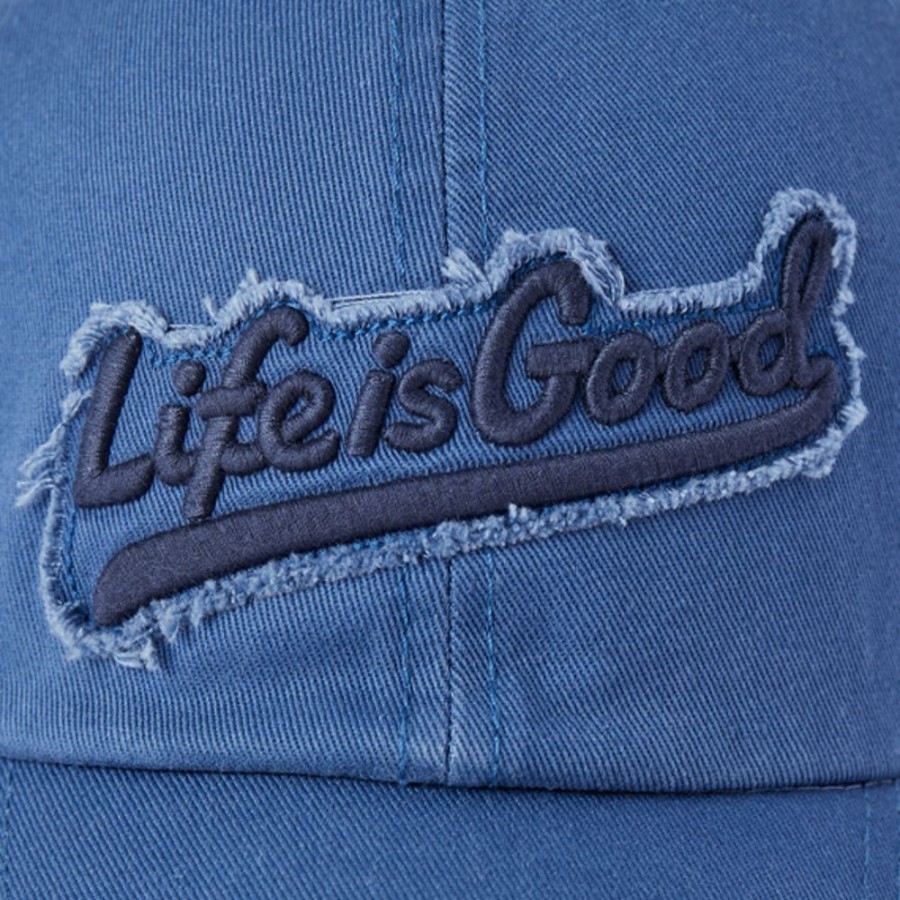 Women Life is Good Hats | Ballyard Script Angled Tattered Chill Cap Vintage Blue