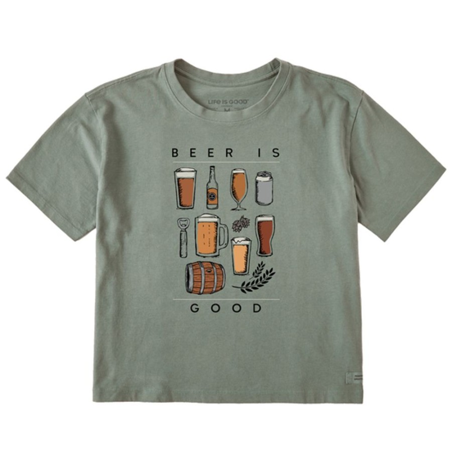 Women Life is Good Boxy Tees | Women'S Realaxed Beer Is Good Boxy Crusher Tee Moss Green