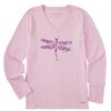 Women Life is Good Graphic Tees | Women'S Dragonfly Flowers Long Sleeve Crusher Vee Seashell Pink