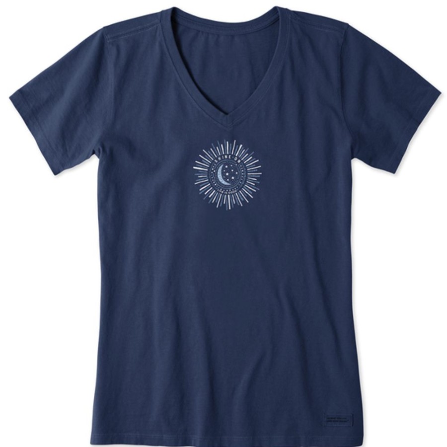 Women Life is Good Graphic Tees | Women'S Primal Moon And Sun Short Sleeve Vee Darkest Blue