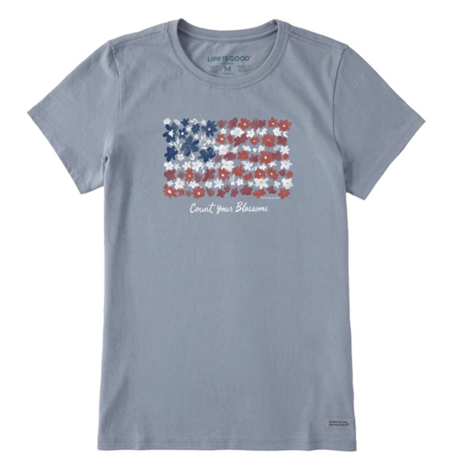 Women Life is Good Graphic Tees | Women'S Count Your Blossoms Usa Flag Short Sleeve Tee Stone Blue