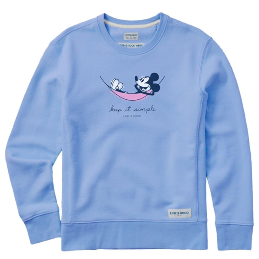 Women Life is Good Sweatshirts & Hoodies | Women'S Watercolor Steamboat Willie Hammock Simply True Fleece Crew Cornflower Blue