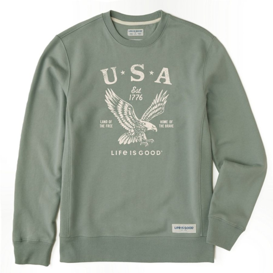 Men Life is Good Sweatshirts & Hoodies | Men'S Usa 1776 Eagle Simply True Fleece Crew Moss Green