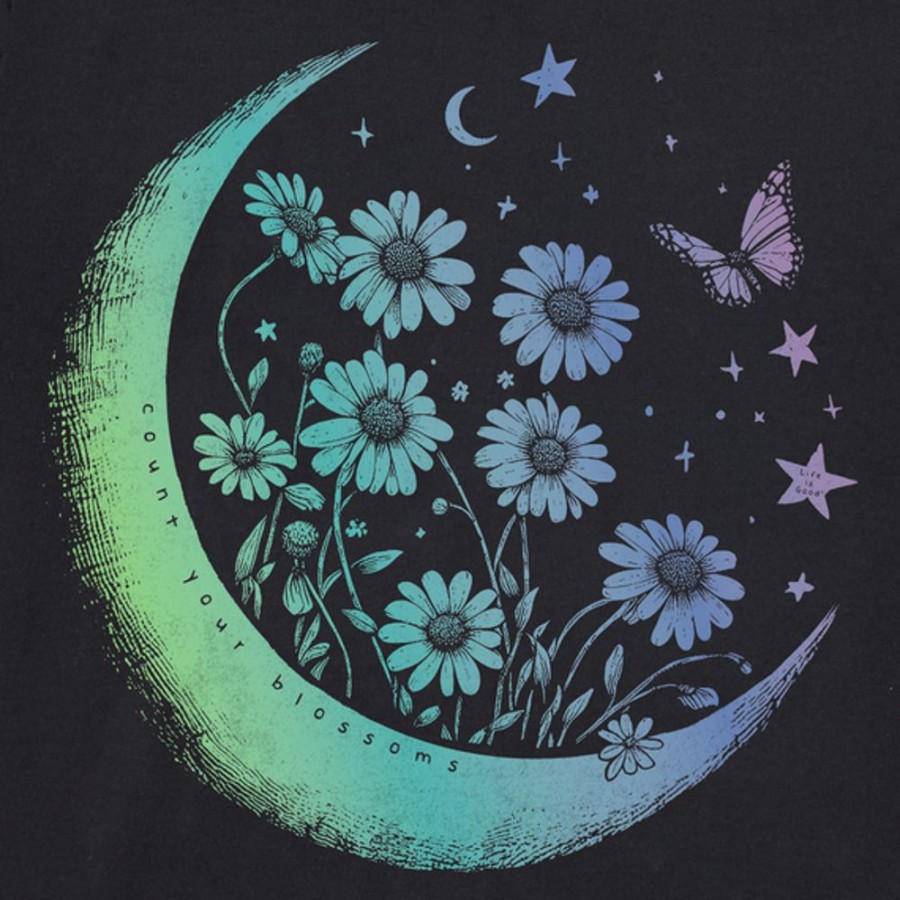 Women Life is Good Graphic Tees | Women'S Fineline Flower Moon Long Sleeve Crusher Tee Jet Black