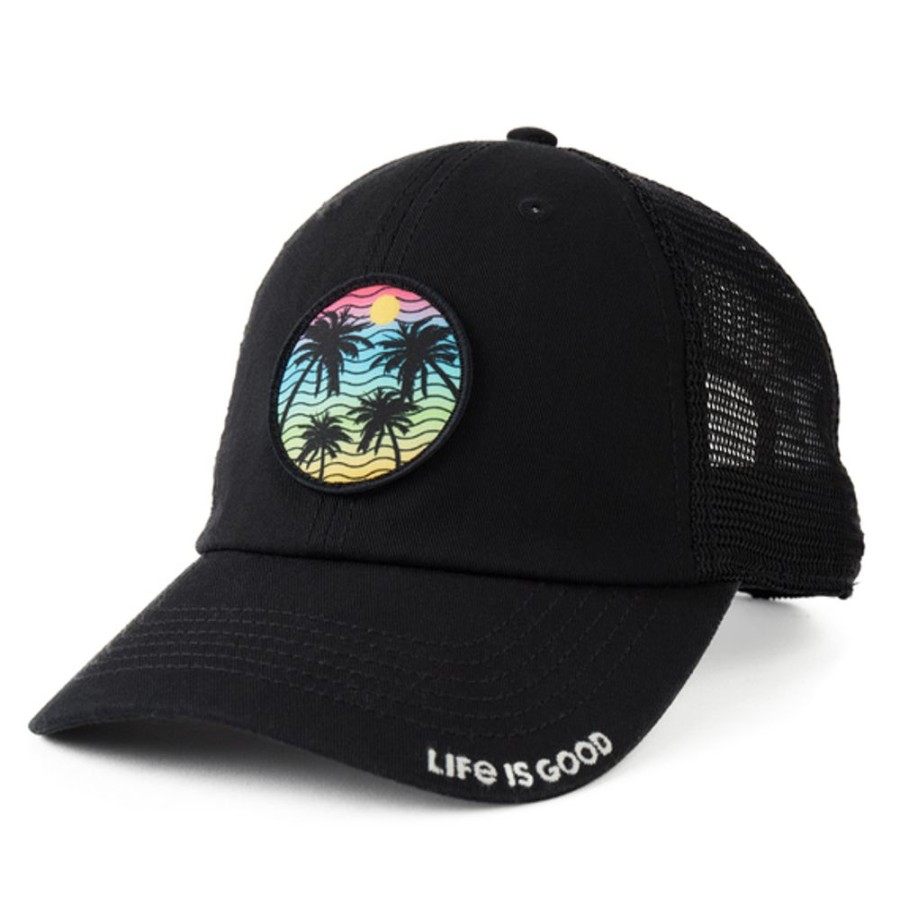 Men Life is Good Hats | Here Comes The Sun Palms Soft Mesh Back Cap Jet Black