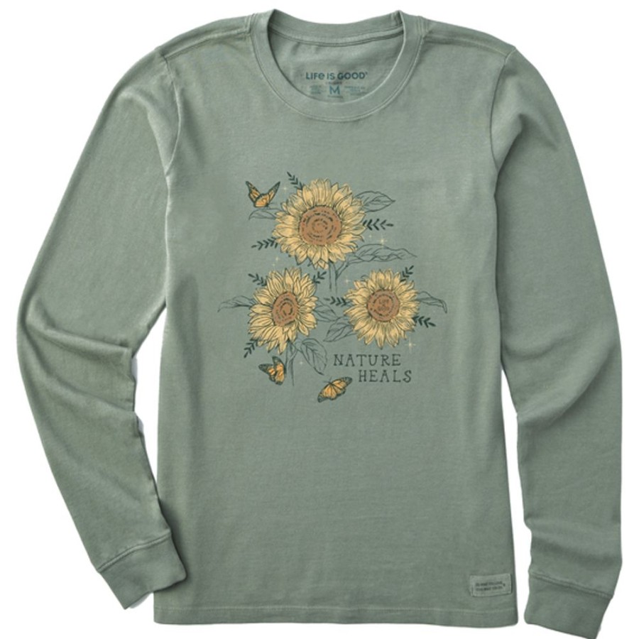 Women Life is Good Graphic Tees | Women'S Dreamy Nature Heals Sunflowers Long Sleeve Crusher Tee Moss Green