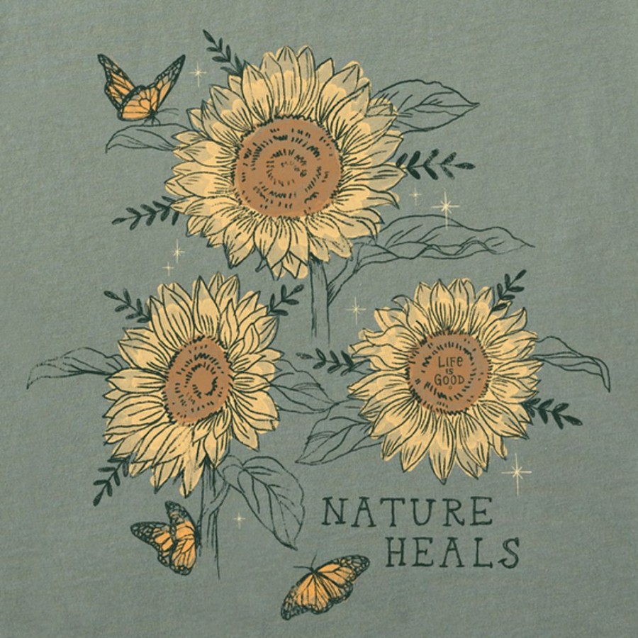 Women Life is Good Graphic Tees | Women'S Dreamy Nature Heals Sunflowers Long Sleeve Crusher Tee Moss Green