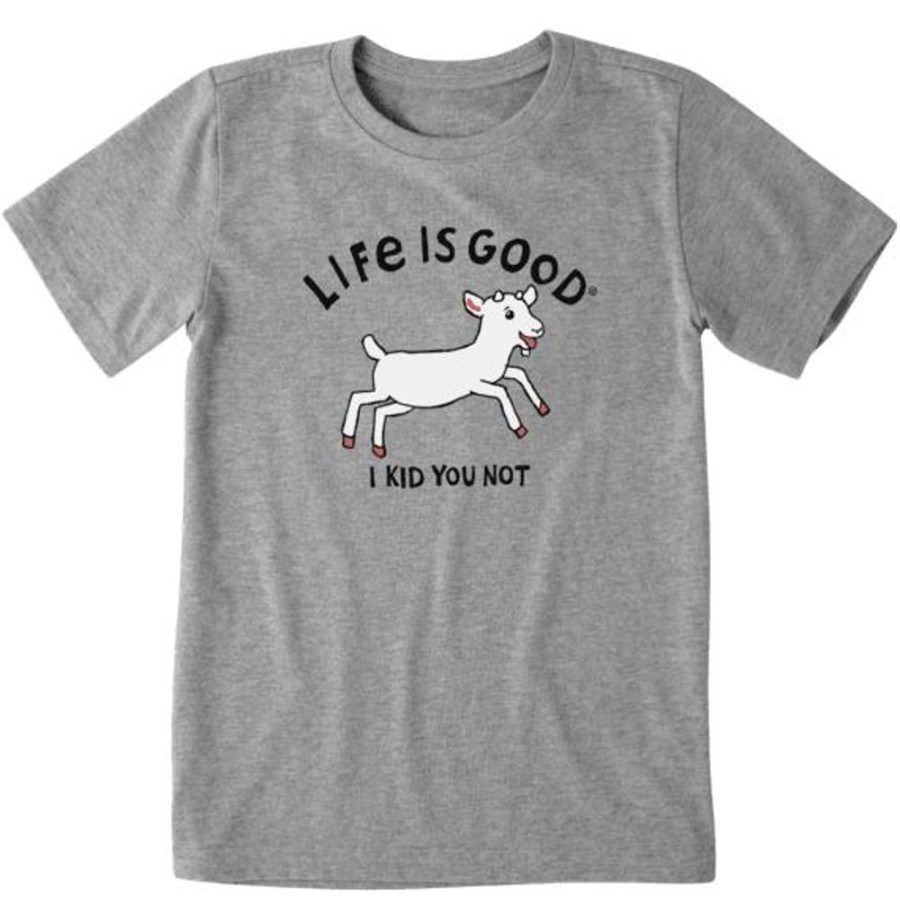 Kids Life is Good Graphic Tees | Kids Jumping Baby Goat Crusher Tee Heather Gray