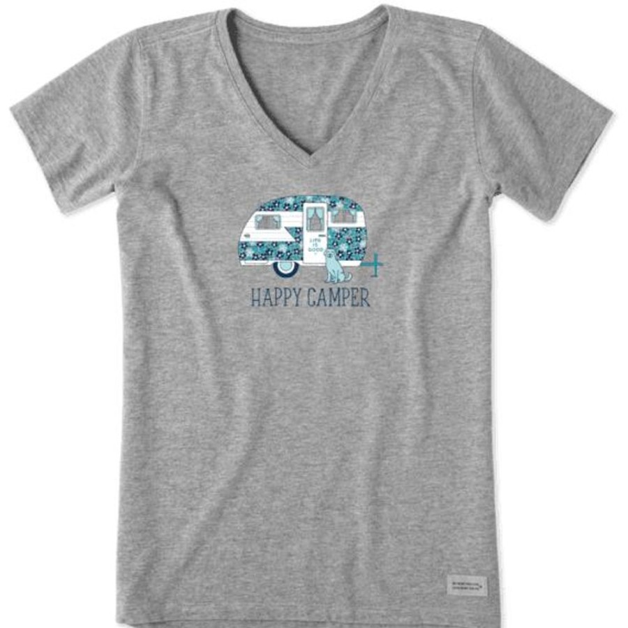 Women Life is Good Graphic Tees | Women'S Ditsy Happy Camper Crusher Vee Heather Gray