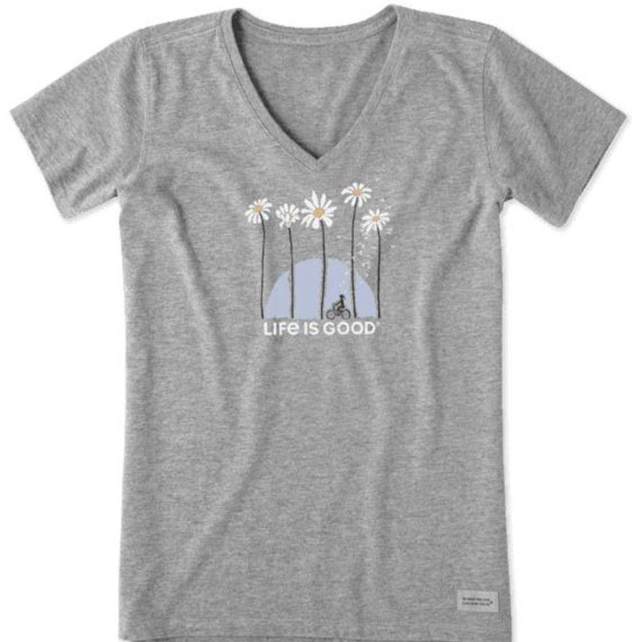 Women Life is Good Graphic Tees | Women'S Towering Daisies Bike Crusher Vee Heather Gray