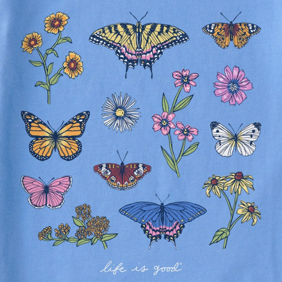 Women Life is Good Boxy Tees | Women'S Realaxed Butterflies And Wildflowers Boxy Crusher Tee Cornflower Blue