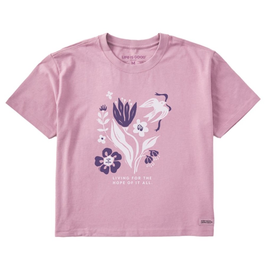 Women Life is Good Boxy Tees | Women'S Woodcut Flowers For The Hope Of It All Boxy Crusher Tee Violet Purple