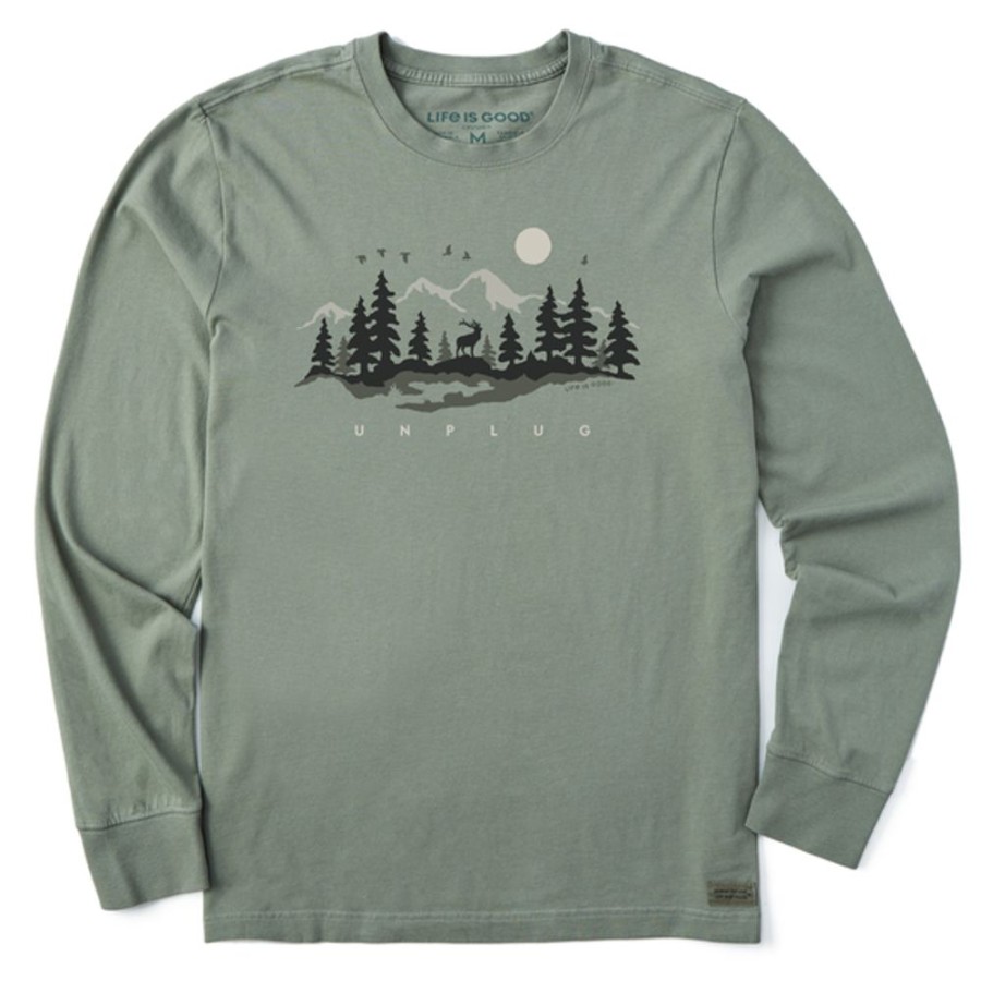 Men Life is Good Graphic Tees | Men'S Unplug In The Outdoors Long Sleeve Crusher Tee Moss Green