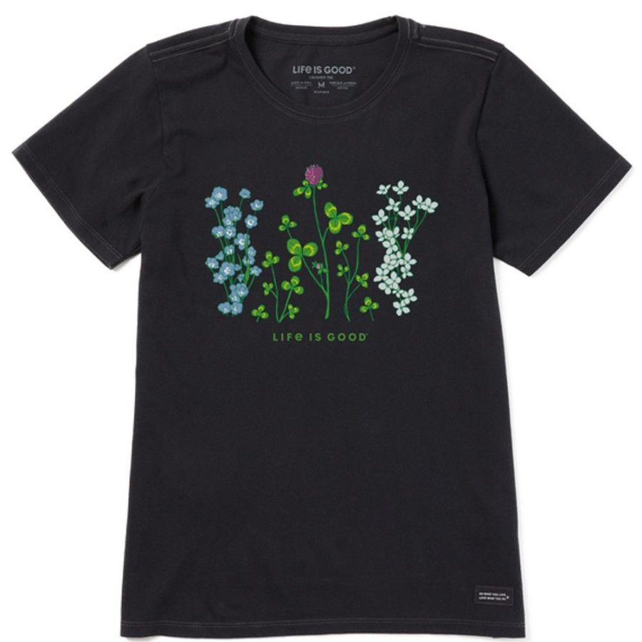 Women Life is Good Graphic Tees | Women'S Detailed Clovers And Wildflowers Short Sleeve Tee Jet Black