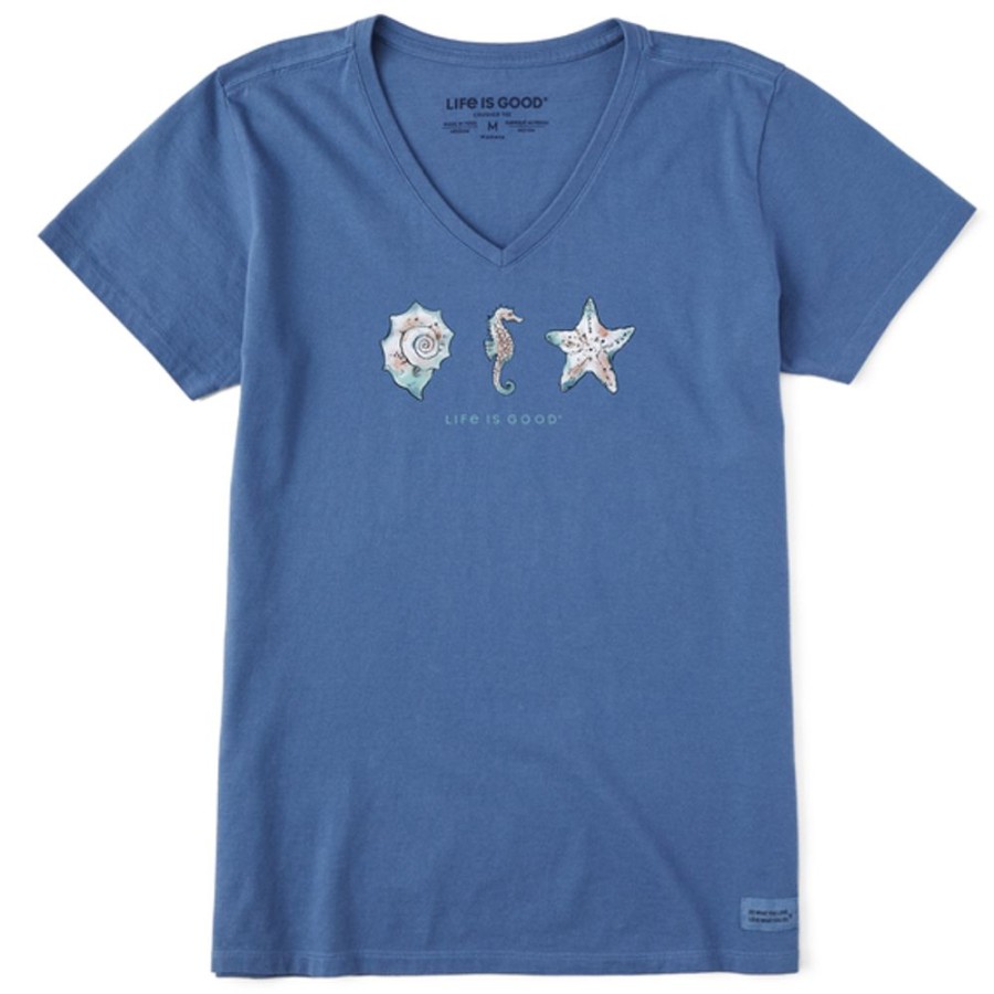 Women Life is Good Graphic Tees | Women'S Sea Life And Shells Short Sleeve Vee Vintage Blue