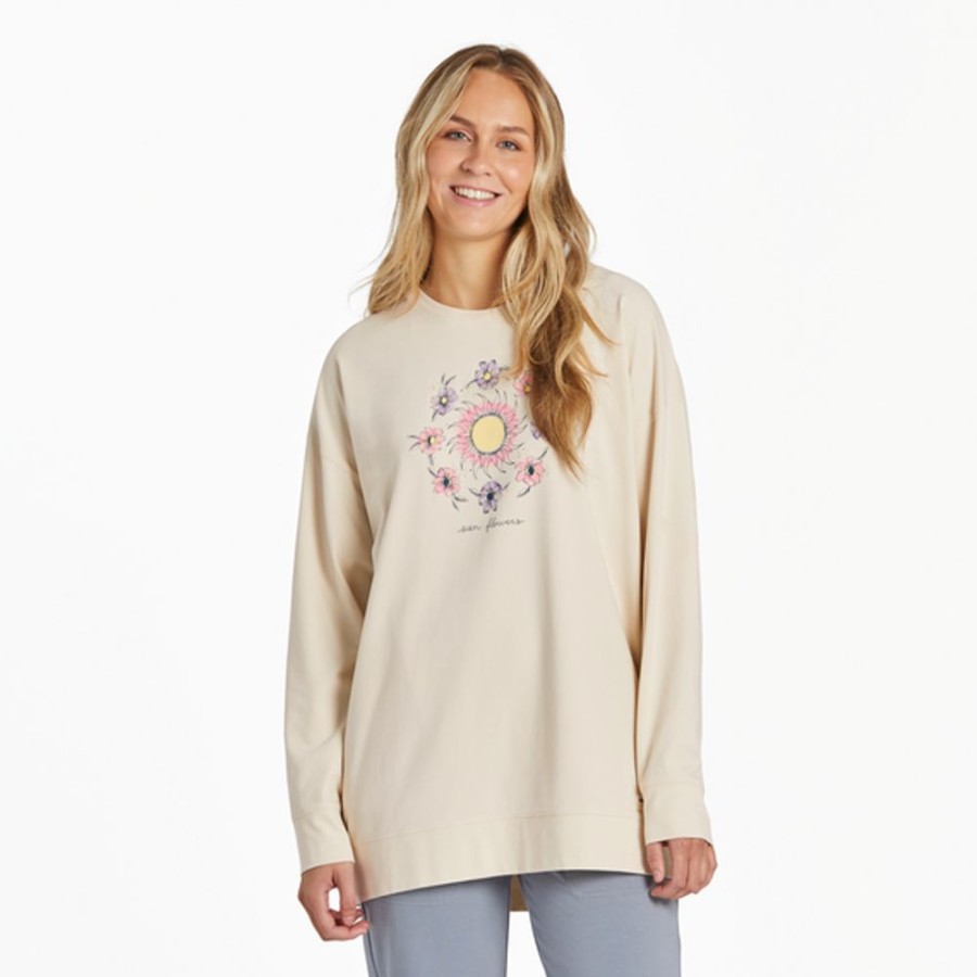 Women Life is Good Crusher-Flex Apparel | Women'S Celestial Florals Crusher-Flex Oversized Crew Putty White