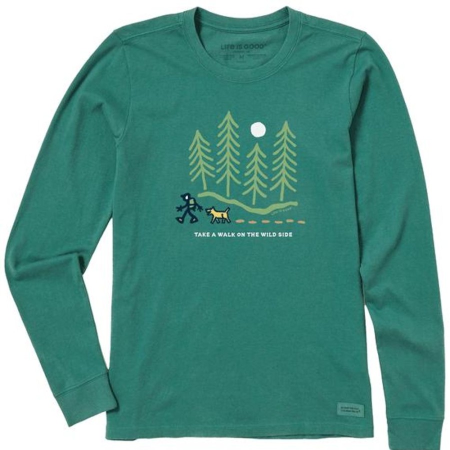 Women Life is Good Graphic Tees | Women'S Hiking Though The Woods Wildside Long Sleeve Crusher Tee Spruce Green