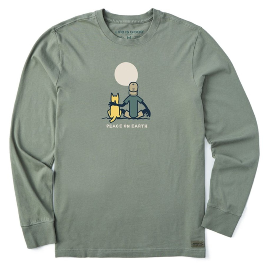 Men Life is Good Graphic Tees | Men'S Vintage Jake & Rocket Moon Peace Long Sleeve Crusher Tee Moss Green