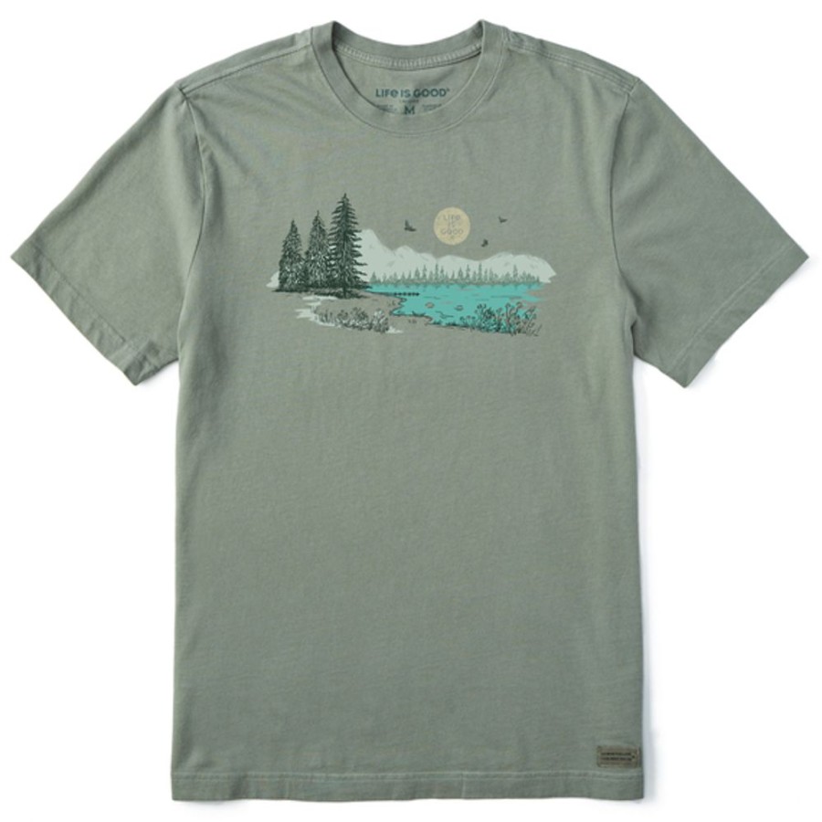 Men Life is Good Graphic Tees | Men'S Fineline Mountain Lake Short Sleeve Tee Moss Green