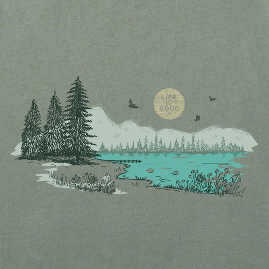 Men Life is Good Graphic Tees | Men'S Fineline Mountain Lake Short Sleeve Tee Moss Green