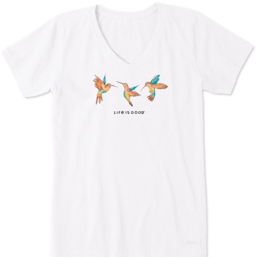 Women Life is Good Graphic Tees | Women'S Three Fall Hummingbirds Short Sleeve Vee Cloud White