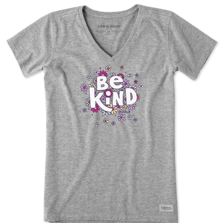 Women Life is Good Graphic Tees | Women'S Be Kind Flower Lines Short Sleeve Vee Heather Gray