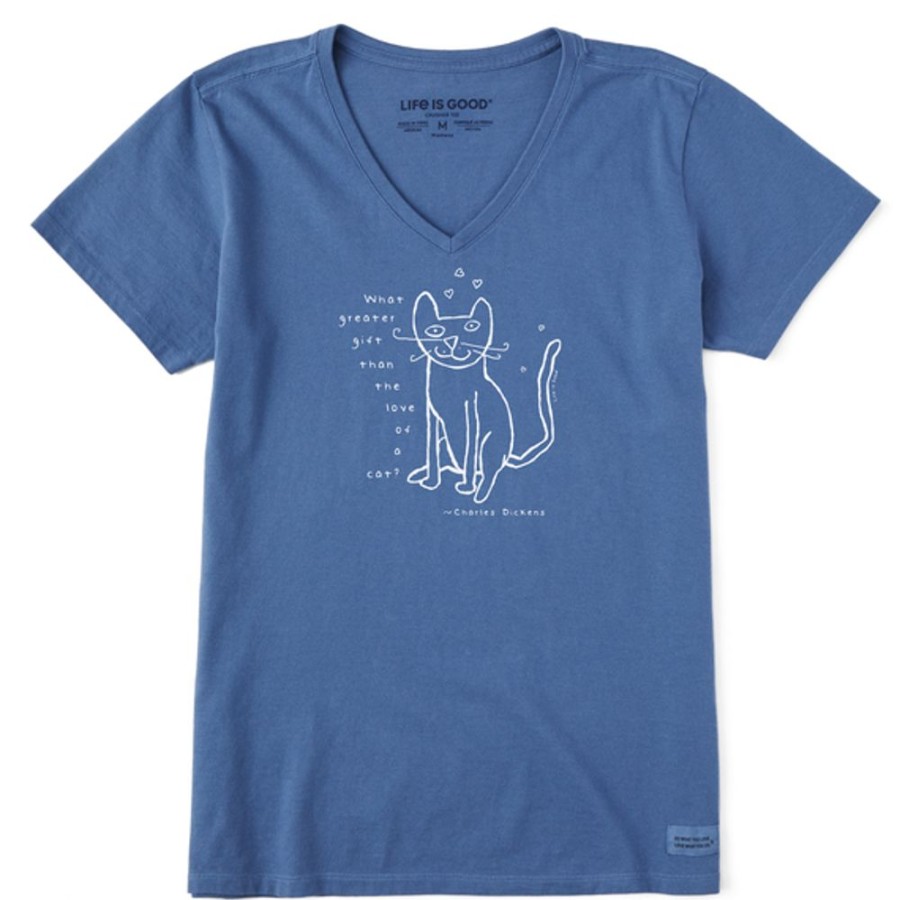 Women Life is Good Graphic Tees | Women'S Love Of A Cat Short Sleeve Vee Vintage Blue