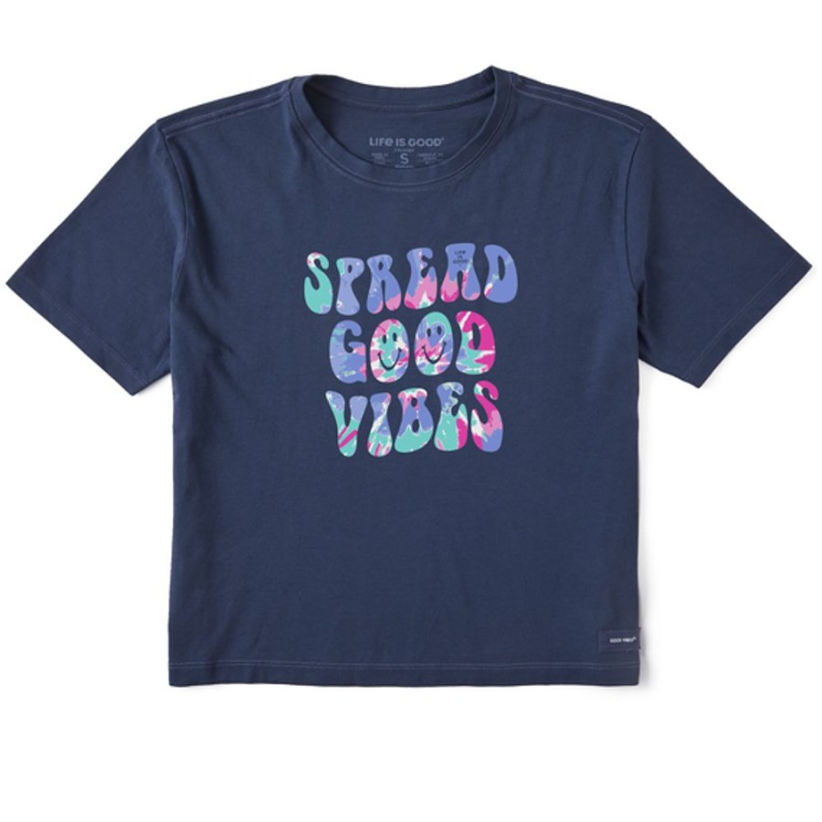 Women Life is Good Boxy Tees | Women'S Tie Dye Spread Good Vibes Smiley Boxy Crusher Tee Darkest Blue