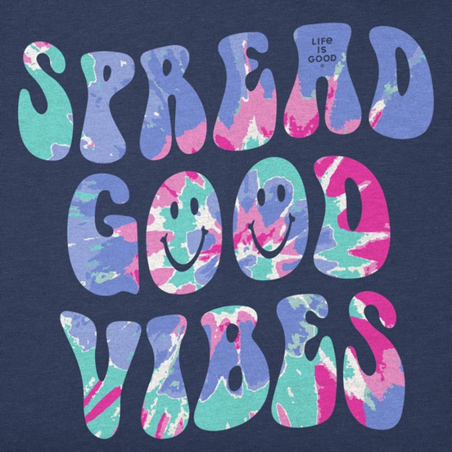 Women Life is Good Boxy Tees | Women'S Tie Dye Spread Good Vibes Smiley Boxy Crusher Tee Darkest Blue