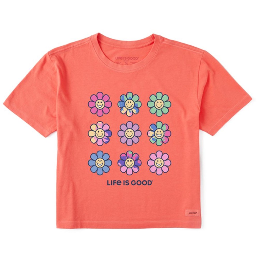 Women Life is Good Boxy Tees | Women'S Tie Dye Groovy Smiley Daisies Boxy Crusher Tee Mango Orange