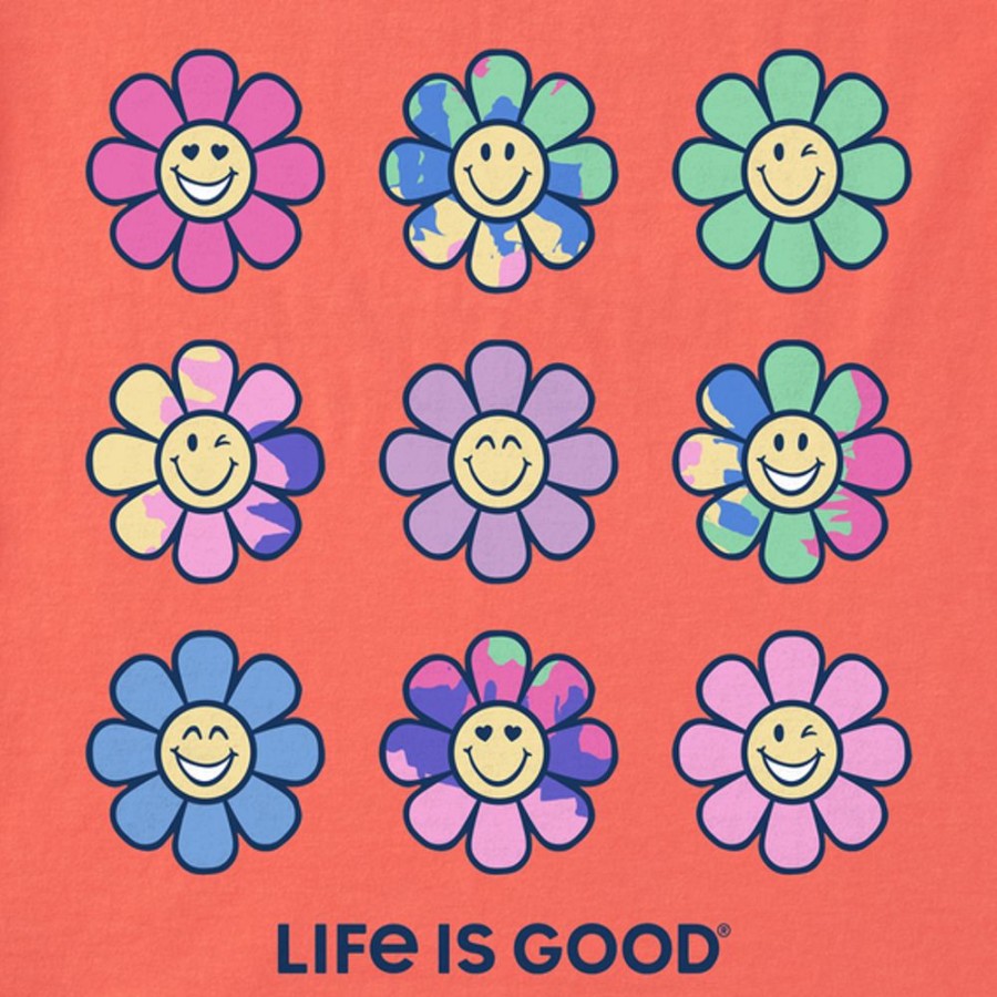 Women Life is Good Boxy Tees | Women'S Tie Dye Groovy Smiley Daisies Boxy Crusher Tee Mango Orange