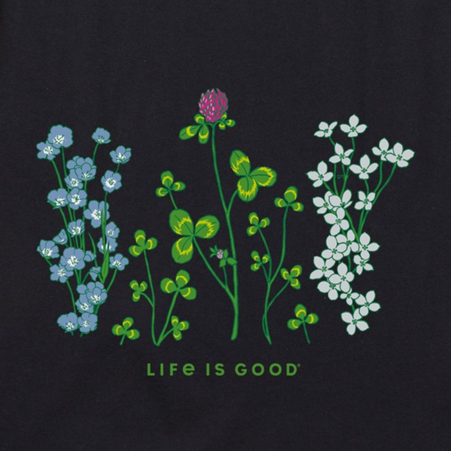 Women Life is Good Graphic Tees | Women'S Detailed Clovers And Wildflowers Long Sleeve Crusher Vee Jet Black