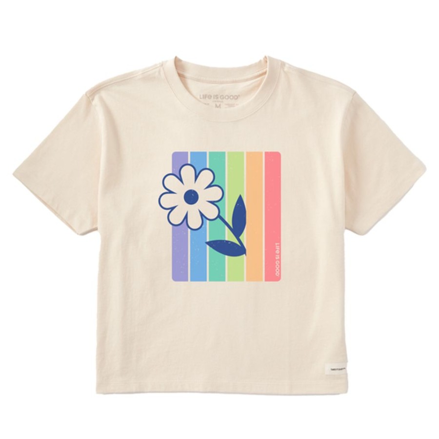 Women Life is Good Boxy Tees | Women'S Clean Stripey Peeking Daisy Boxy Crusher Tee Putty White