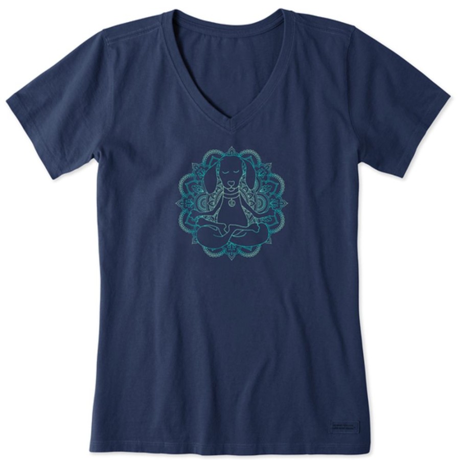 Women Life is Good Graphic Tees | Women'S Clean Mandala-Dog Short Sleeve Vee Darkest Blue