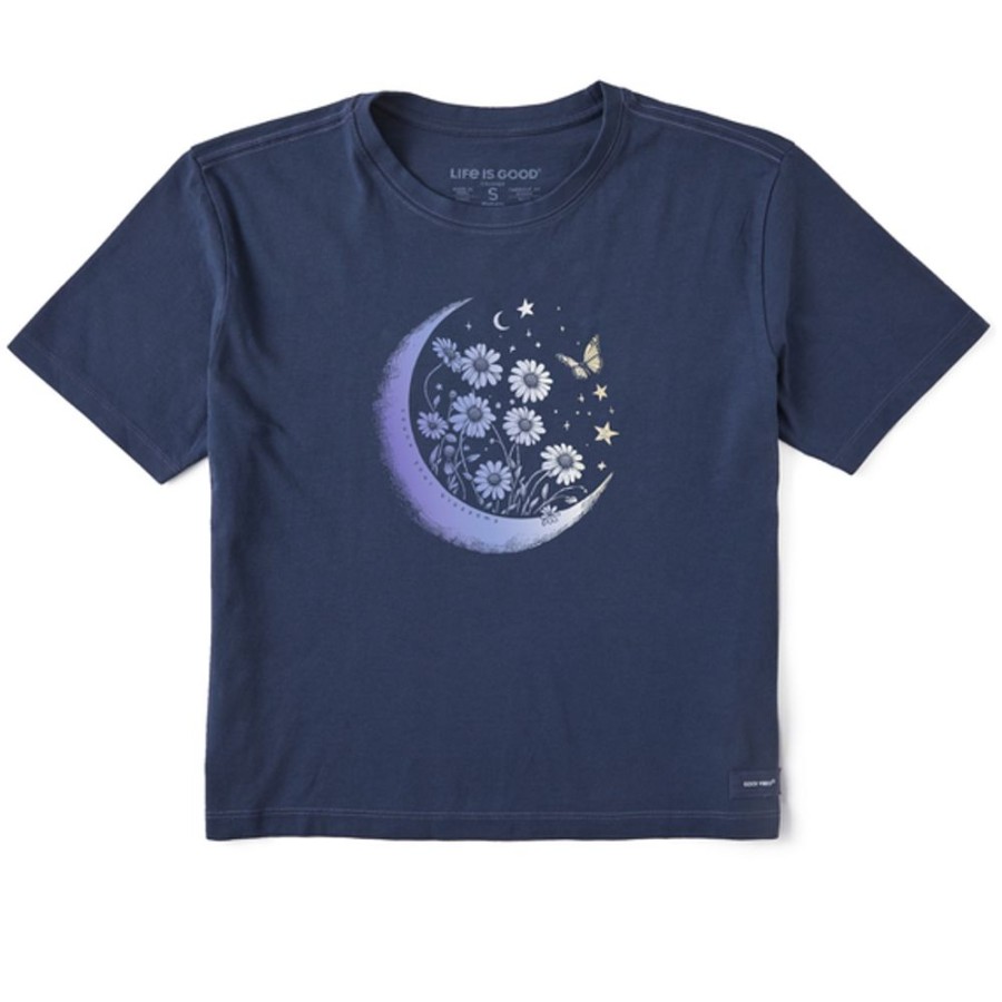 Women Life is Good Boxy Tees | Women'S Fineline Flower Moon Boxy Crusher Tee Darkest Blue