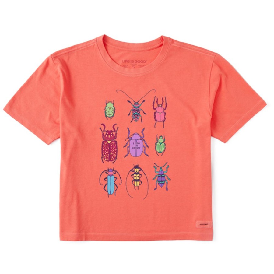 Women Life is Good Graphic Tees | Women'S Cool Bug Grid Boxy Crusher Tee Mango Orange