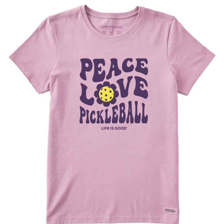 Women Life is Good Graphic Tees | Women'S Groovy Peace Love Pickleball Flower Short Sleeve Tee Violet Purple