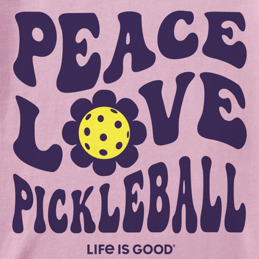 Women Life is Good Graphic Tees | Women'S Groovy Peace Love Pickleball Flower Short Sleeve Tee Violet Purple