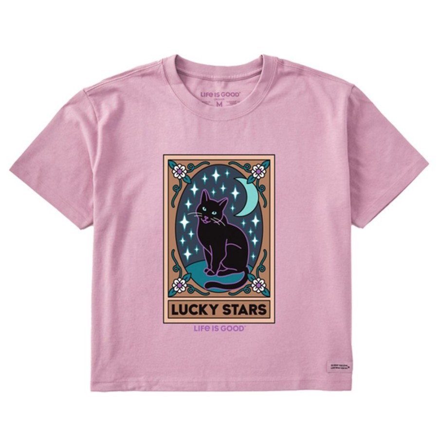 Women Life is Good Boxy Tees | Women'S Clean Lucky Stars Black Cat Tarot Boxy Crusher Tee Violet Purple