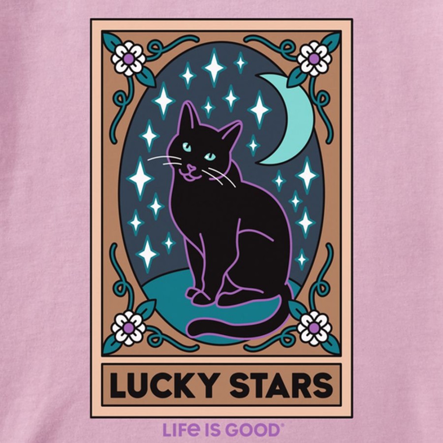 Women Life is Good Boxy Tees | Women'S Clean Lucky Stars Black Cat Tarot Boxy Crusher Tee Violet Purple