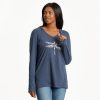 Women Life is Good Graphic Tees | Women'S Dragonfly Flowers Long Sleeve Crusher-Lite Hooded Tee Darkest Blue