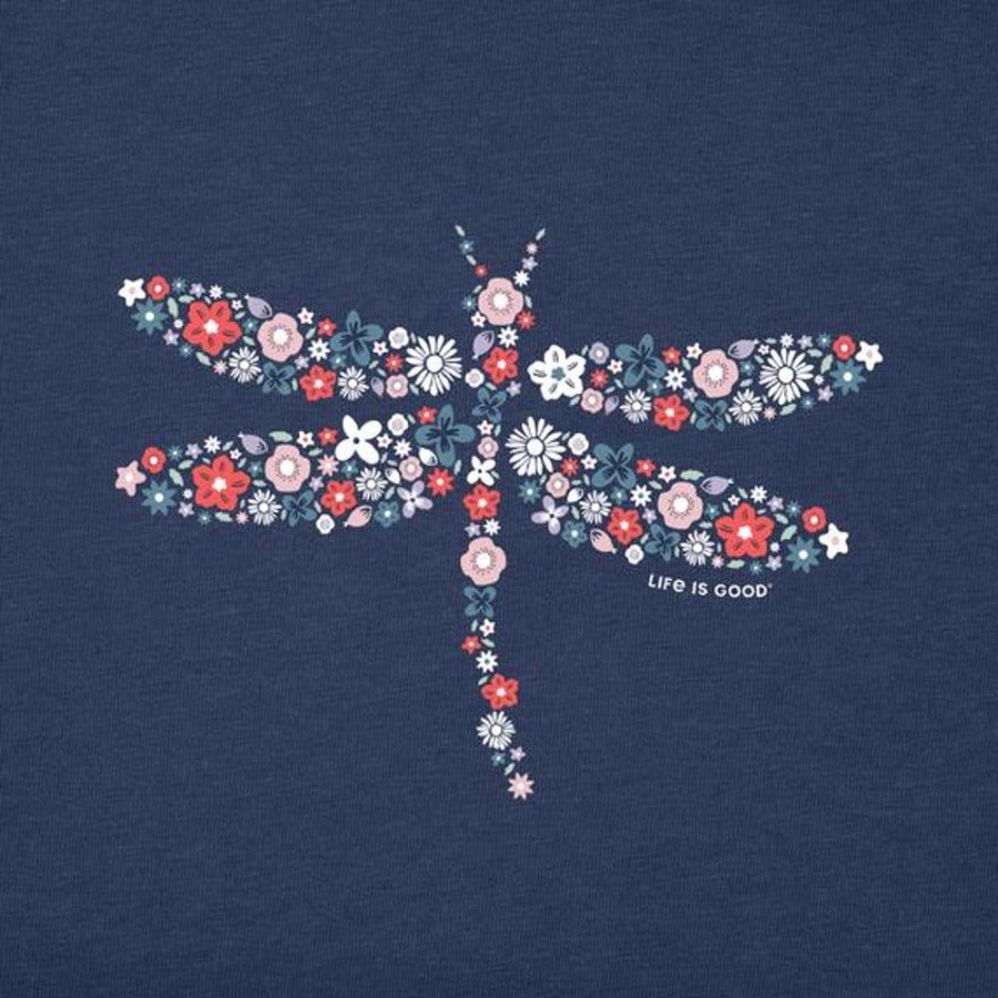 Women Life is Good Graphic Tees | Women'S Dragonfly Flowers Long Sleeve Crusher-Lite Hooded Tee Darkest Blue