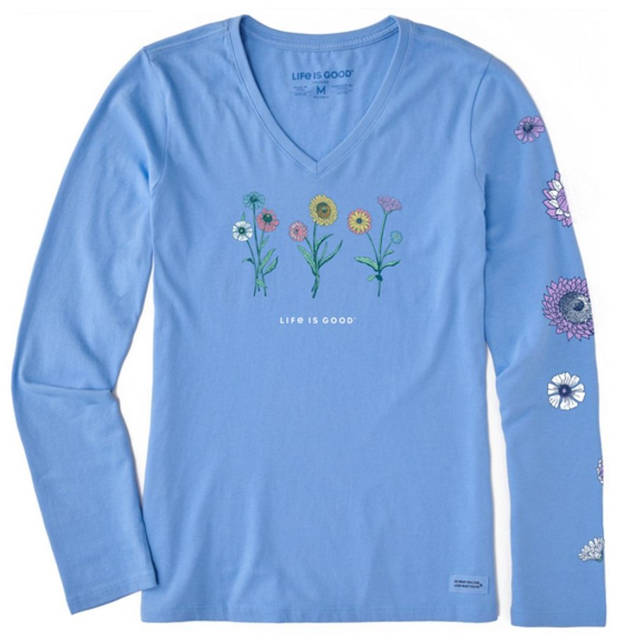 Women Life is Good Graphic Tees | Women'S Botanical Flowers Long Sleeve Crusher Vee Cornflower Blue