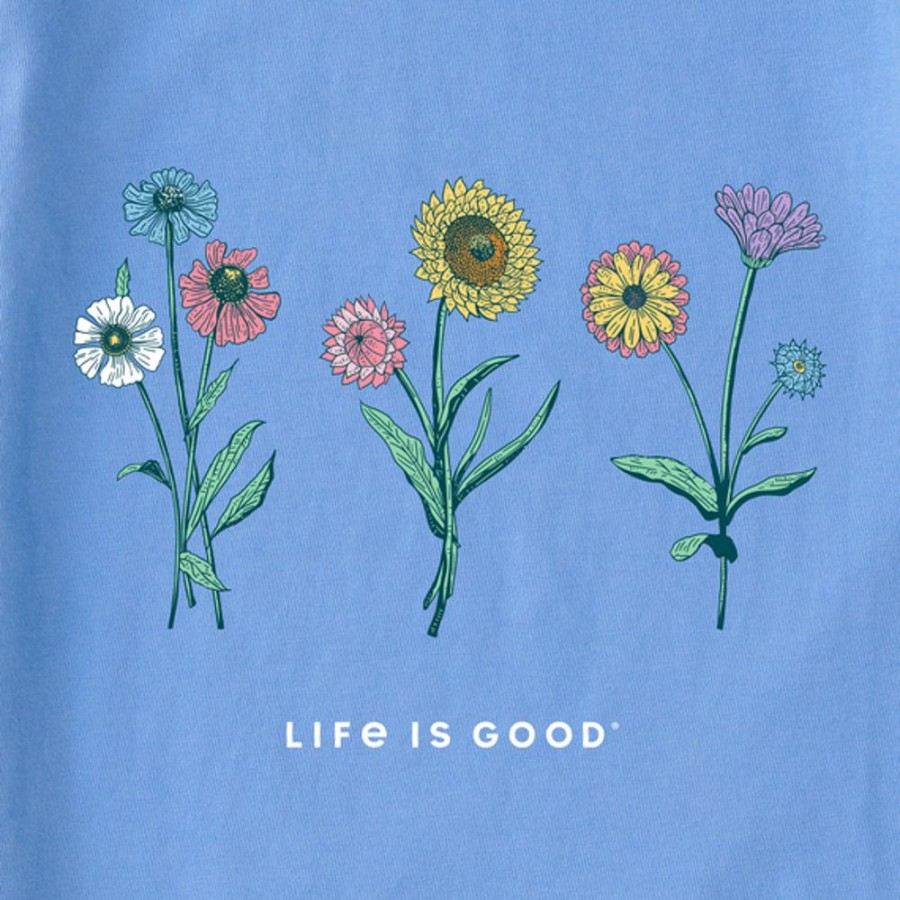 Women Life is Good Graphic Tees | Women'S Botanical Flowers Long Sleeve Crusher Vee Cornflower Blue